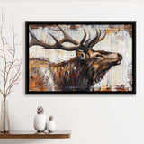 Elk With Antler Painted On Wood Rustic Cabin Art, Framed Canvas Print Wall Art Decor,Floating Frame