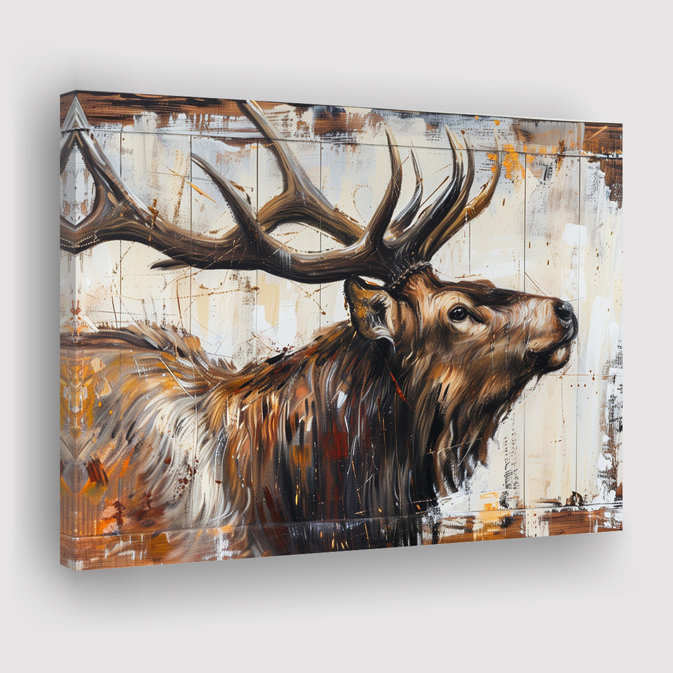 Elk With Antler Painted On Wood Rustic Cabin Art, Canvas Print Wall Art Decor, Landscape Art Print