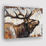 Elk With Antler Painted On Wood Rustic Cabin Art, Canvas Print Wall Art Decor, Landscape Art Print