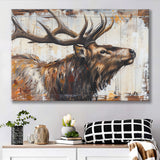 Elk With Antler Painted On Wood Rustic Cabin Art, Canvas Print Wall Art Decor, Landscape Art Print