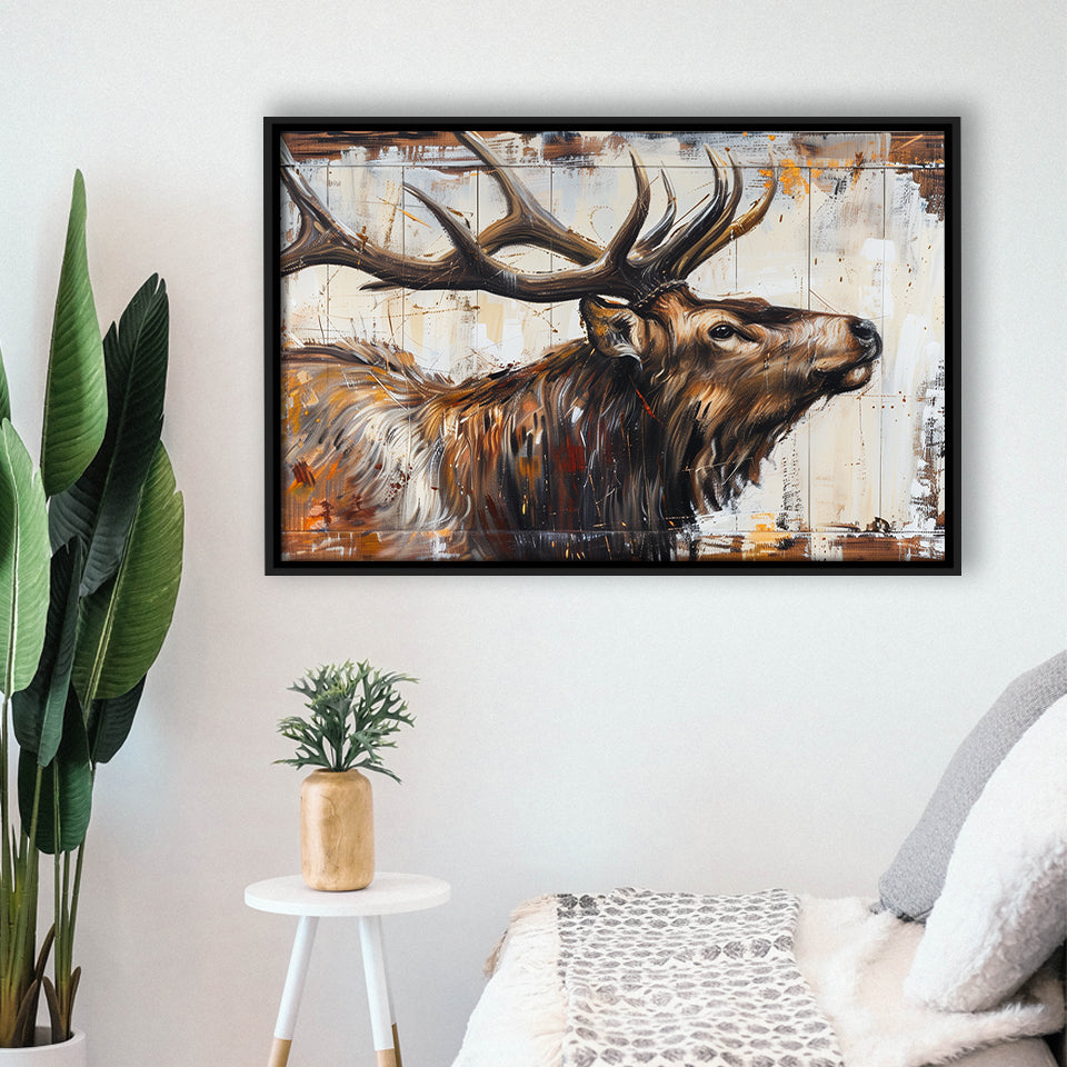 Elk With Antler Painted On Wood Rustic Cabin Art, Framed Canvas Print Wall Art Decor,Floating Frame