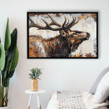 Elk With Antler Painted On Wood Rustic Cabin Art, Framed Canvas Print Wall Art Decor,Floating Frame