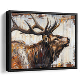 Elk With Antler Painted On Wood Rustic Cabin Art, Framed Canvas Print Wall Art Decor,Floating Frame