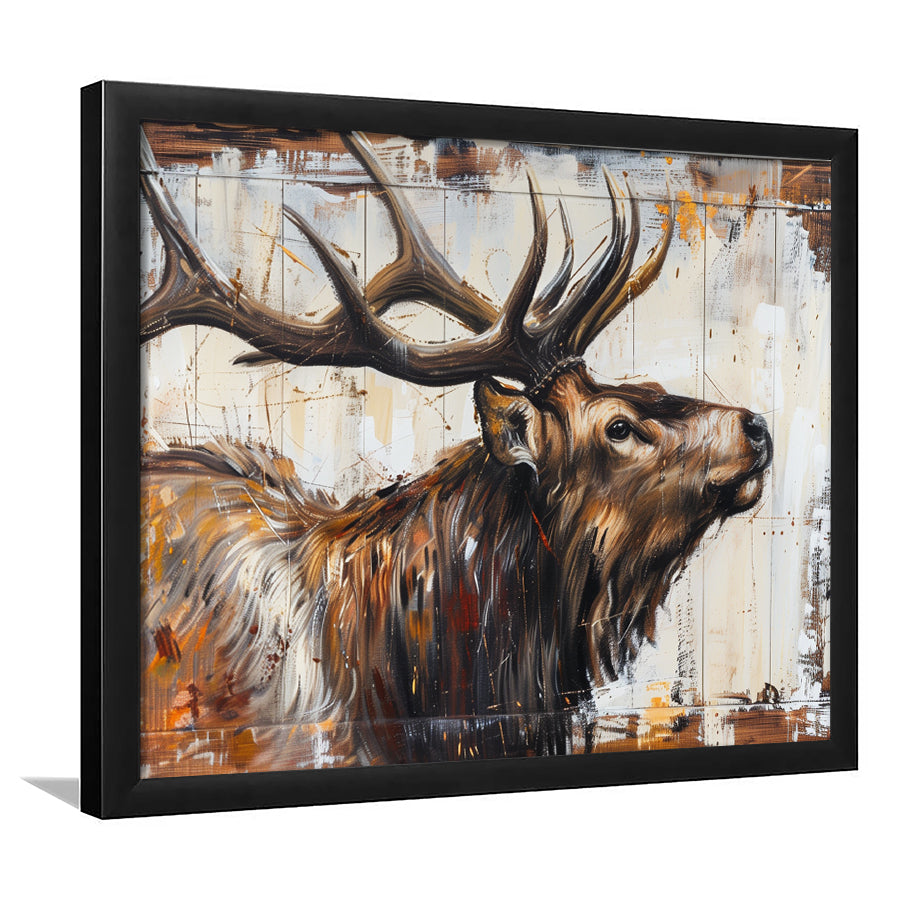 Elk With Antler Painted On Wood Rustic Cabin Art, Framed Art Print Wall Decor, Framed Picture
