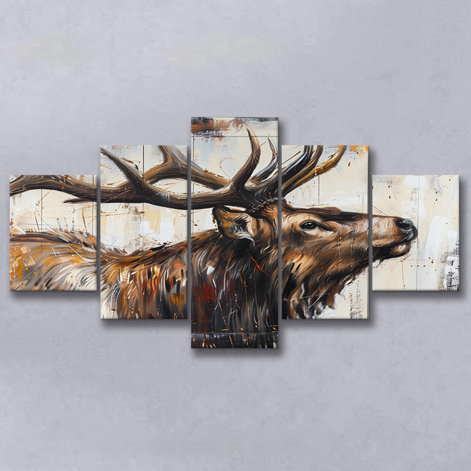 Elk With Antler Painted On Wood Rustic Cabin Art, Multi Panel Canvas Print Wall Art Decor, 5 Mixed Panel