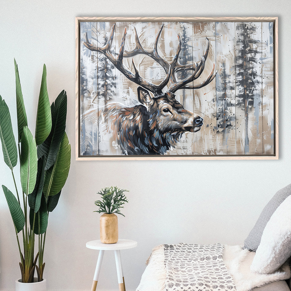 Elk With Antler Painted On Wood Rustic Cabin Painting, Framed Canvas Print Wall Art Decor,Floating Frame