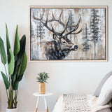 Elk With Antler Painted On Wood Rustic Cabin Painting, Framed Canvas Print Wall Art Decor,Floating Frame