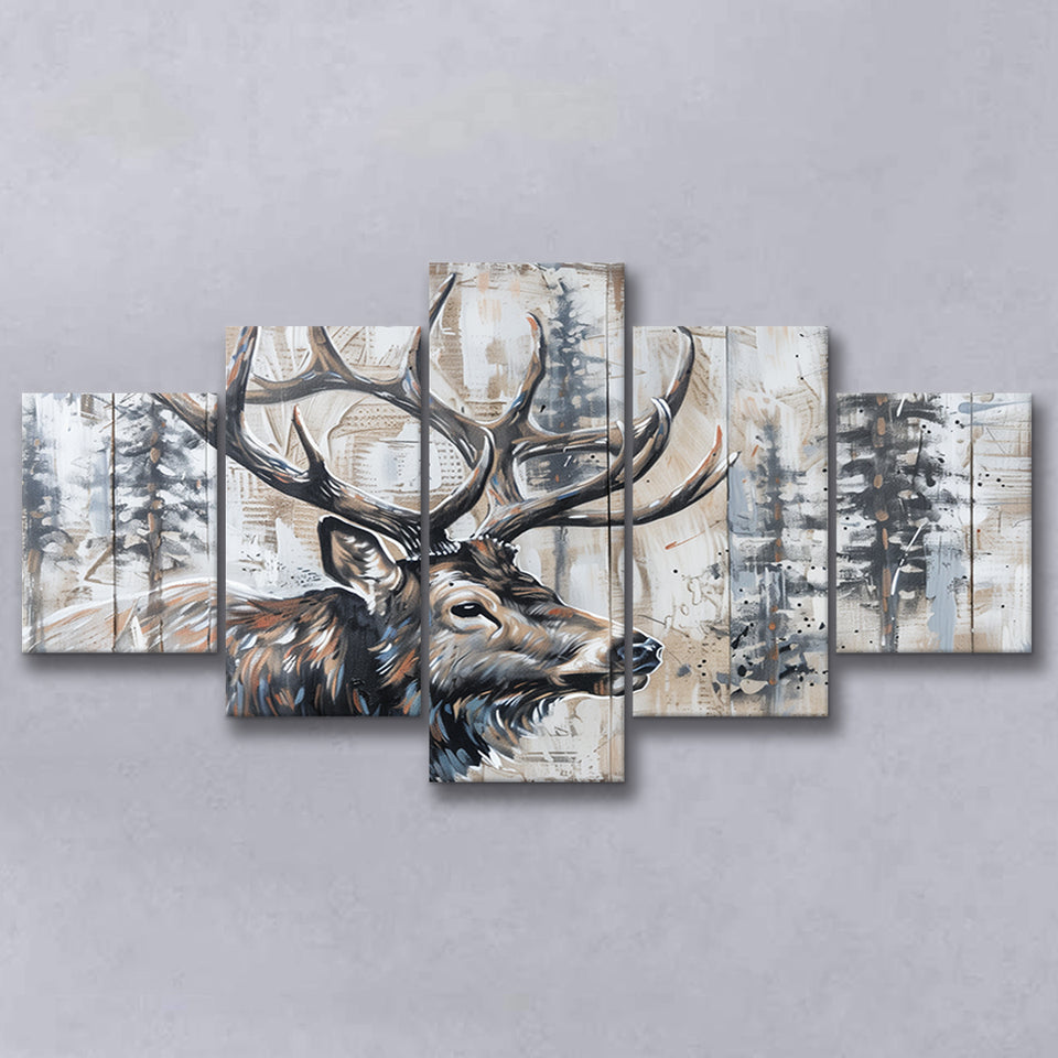 Elk With Antler Painted On Wood Rustic Cabin Painting, Multi Panel Canvas Print Wall Art Decor, 5 Mixed Panel
