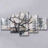 Elk With Antler Painted On Wood Rustic Cabin Painting, Multi Panel Canvas Print Wall Art Decor, 5 Mixed Panel