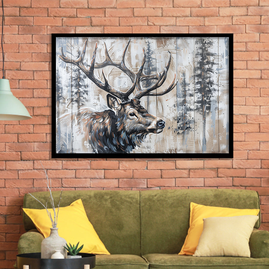 Elk With Antler Painted On Wood Rustic Cabin Painting, Framed Art Print Wall Decor, Framed Picture