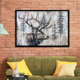Elk With Antler Painted On Wood Rustic Cabin Painting, Framed Art Print Wall Decor, Framed Picture