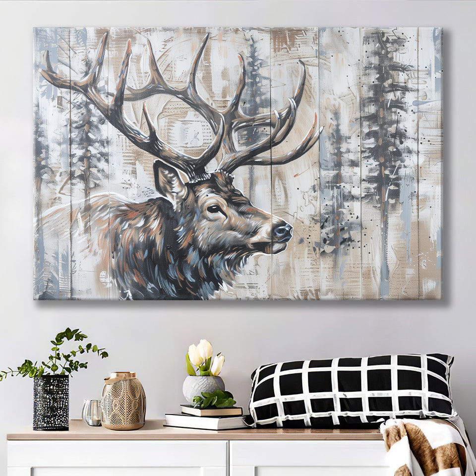 Elk With Antler Painted On Wood Rustic Cabin Painting, Canvas Print Wall Art Decor, Landscape Art Print
