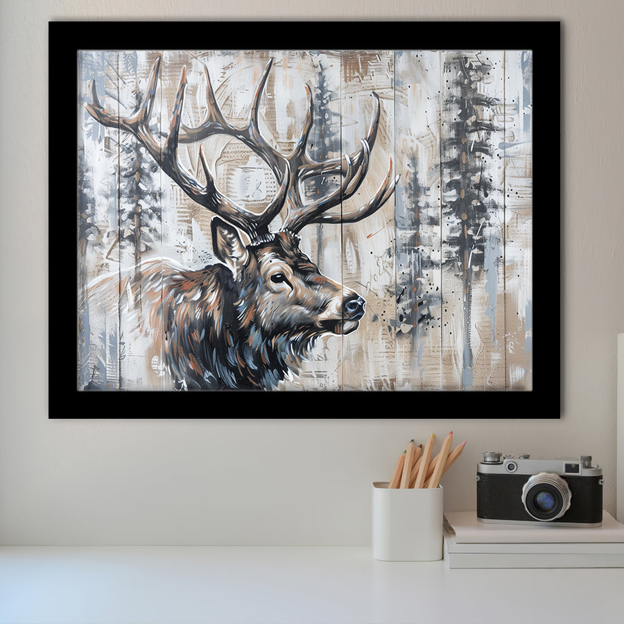 Elk With Antler Painted On Wood Rustic Cabin Painting, Framed Art Print Wall Decor, Framed Picture
