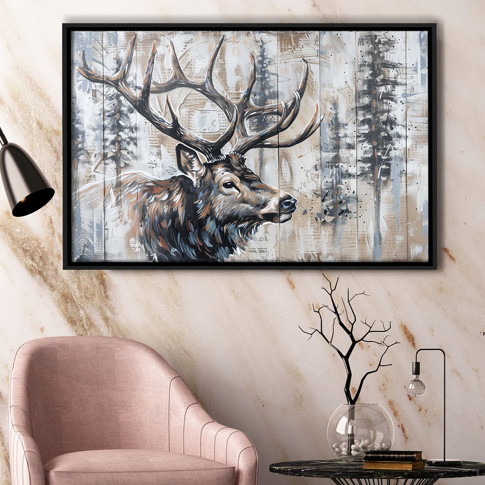 Elk With Antler Painted On Wood Rustic Cabin Painting, Framed Canvas Print Wall Art Decor,Floating Frame