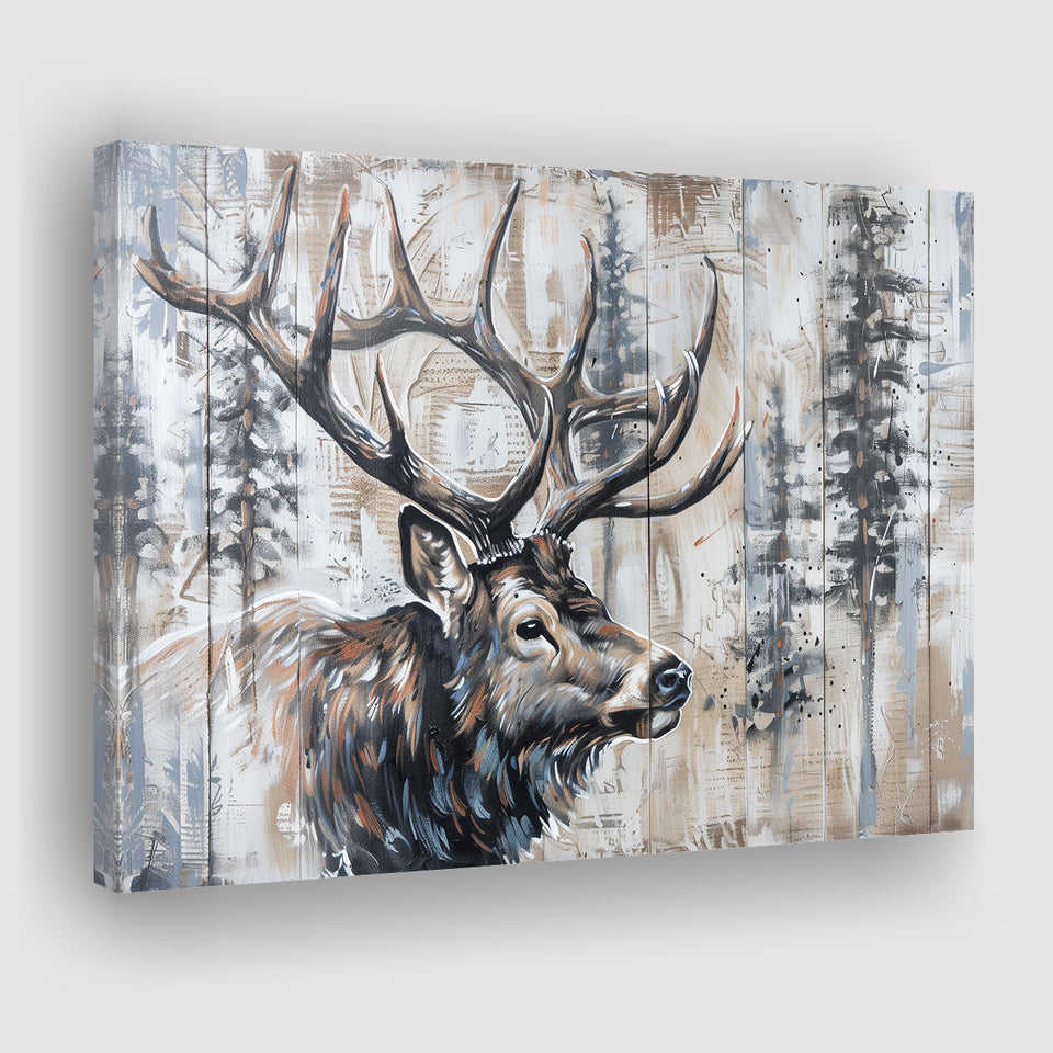 Elk With Antler Painted On Wood Rustic Cabin Painting, Canvas Print Wall Art Decor, Landscape Art Print