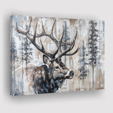 Elk With Antler Painted On Wood Rustic Cabin Painting, Canvas Print Wall Art Decor, Landscape Art Print