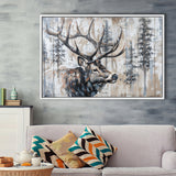 Elk With Antler Painted On Wood Rustic Cabin Painting, Framed Canvas Print Wall Art Decor,Floating Frame