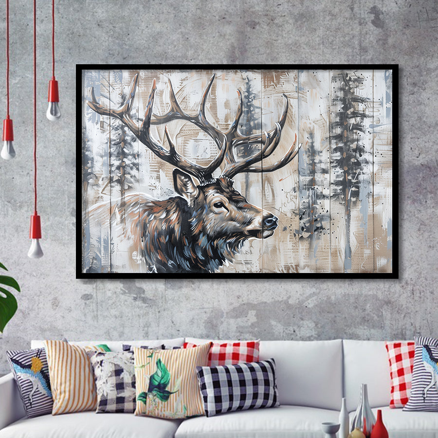 Elk With Antler Painted On Wood Rustic Cabin Painting, Framed Art Print Wall Decor, Framed Picture