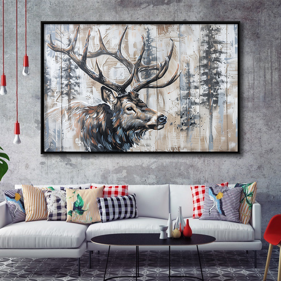Elk With Antler Painted On Wood Rustic Cabin Painting, Framed Canvas Print Wall Art Decor,Floating Frame