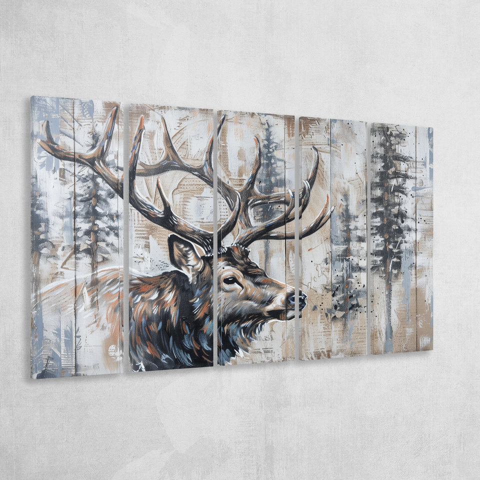 Elk With Antler Painted On Wood Rustic Cabin Painting, Extra Large Multi 5 Panel Canvas Print Wall Art Decor