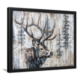 Elk With Antler Painted On Wood Rustic Cabin Painting, Framed Art Print Wall Decor, Framed Picture