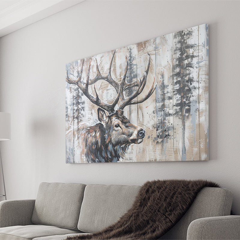 Elk With Antler Painted On Wood Rustic Cabin Painting, Canvas Print Wall Art Decor, Landscape Art Print