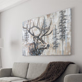 Elk With Antler Painted On Wood Rustic Cabin Painting, Canvas Print Wall Art Decor, Landscape Art Print