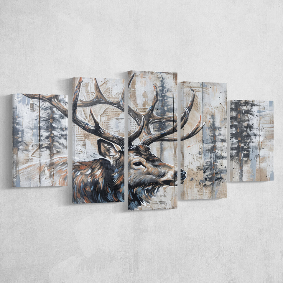 Elk With Antler Painted On Wood Rustic Cabin Painting, Multi Panel Canvas Print Wall Art Decor, 5 Mixed Panel