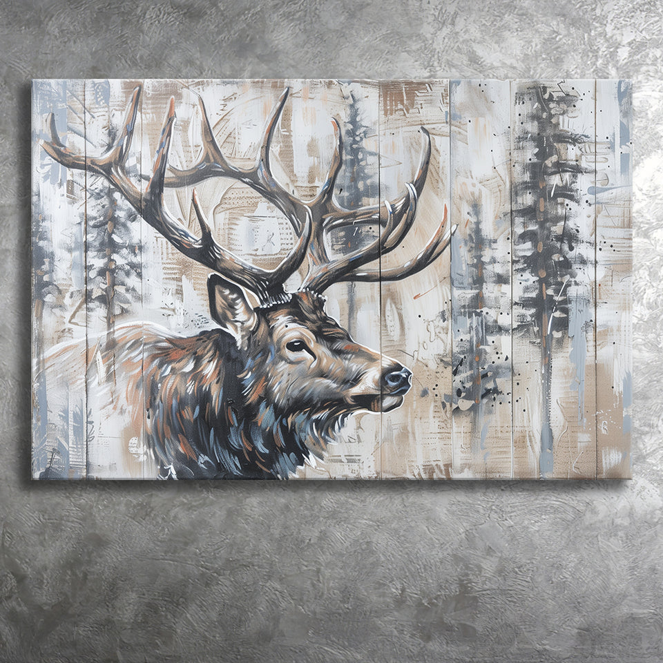Elk With Antler Painted On Wood Rustic Cabin Painting, Canvas Print Wall Art Decor, Landscape Art Print