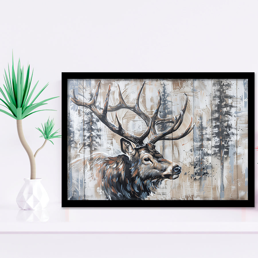 Elk With Antler Painted On Wood Rustic Cabin Painting, Framed Art Print Wall Decor, Framed Picture