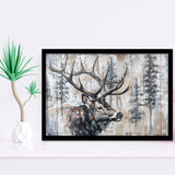 Elk With Antler Painted On Wood Rustic Cabin Painting, Framed Art Print Wall Decor, Framed Picture