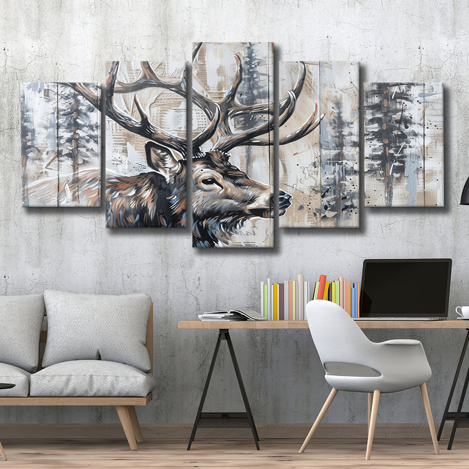 Elk With Antler Painted On Wood Rustic Cabin Painting, Multi Panel Canvas Print Wall Art Decor, 5 Mixed Panel
