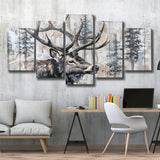 Elk With Antler Painted On Wood Rustic Cabin Painting, Multi Panel Canvas Print Wall Art Decor, 5 Mixed Panel