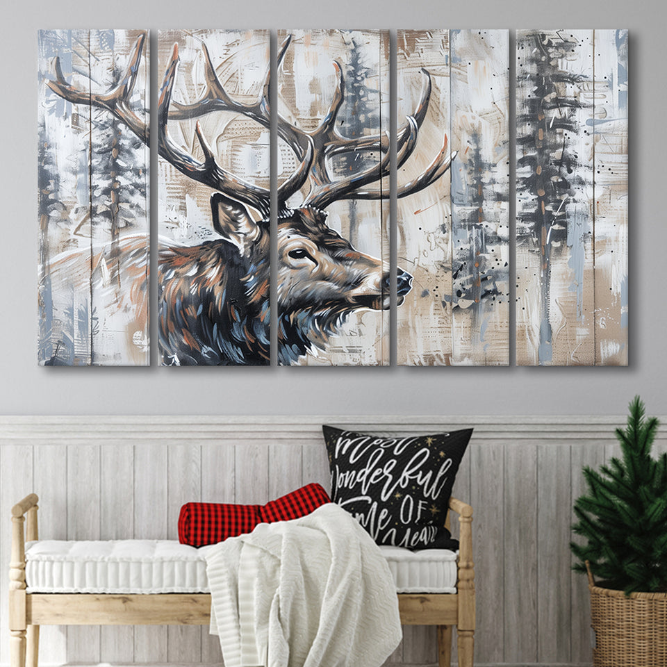Elk With Antler Painted On Wood Rustic Cabin Painting, Extra Large Multi 5 Panel Canvas Print Wall Art Decor