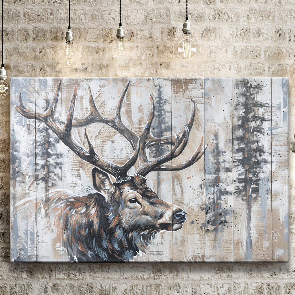 Elk With Antler Painted On Wood Rustic Cabin Painting, Canvas Print Wall Art Decor, Landscape Art Print
