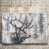 Elk With Antler Painted On Wood Rustic Cabin Painting, Canvas Print Wall Art Decor, Landscape Art Print