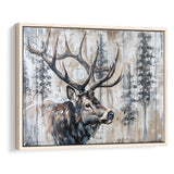 Elk With Antler Painted On Wood Rustic Cabin Painting, Framed Canvas Print Wall Art Decor,Floating Frame