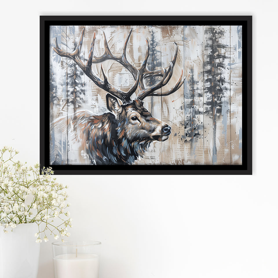Elk With Antler Painted On Wood Rustic Cabin Painting, Framed Canvas Print Wall Art Decor,Floating Frame