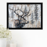 Elk With Antler Painted On Wood Rustic Cabin Painting, Framed Canvas Print Wall Art Decor,Floating Frame