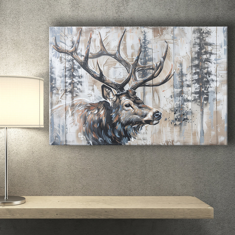 Elk With Antler Painted On Wood Rustic Cabin Painting, Canvas Print Wall Art Decor, Landscape Art Print