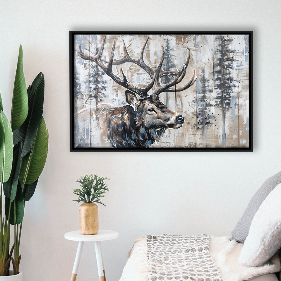 Elk With Antler Painted On Wood Rustic Cabin Painting, Framed Canvas Print Wall Art Decor,Floating Frame