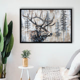 Elk With Antler Painted On Wood Rustic Cabin Painting, Framed Canvas Print Wall Art Decor,Floating Frame