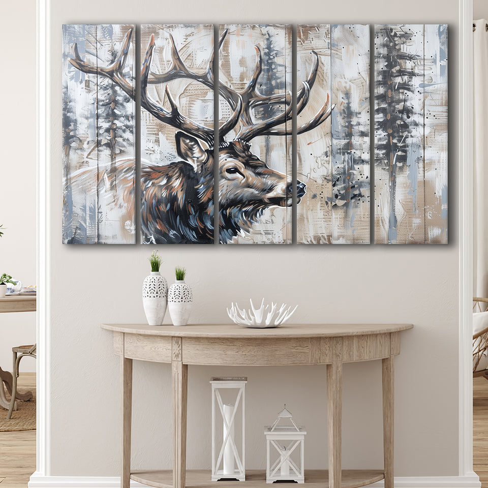 Elk With Antler Painted On Wood Rustic Cabin Painting, Extra Large Multi 5 Panel Canvas Print Wall Art Decor