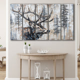 Elk With Antler Painted On Wood Rustic Cabin Painting, Extra Large Multi 5 Panel Canvas Print Wall Art Decor