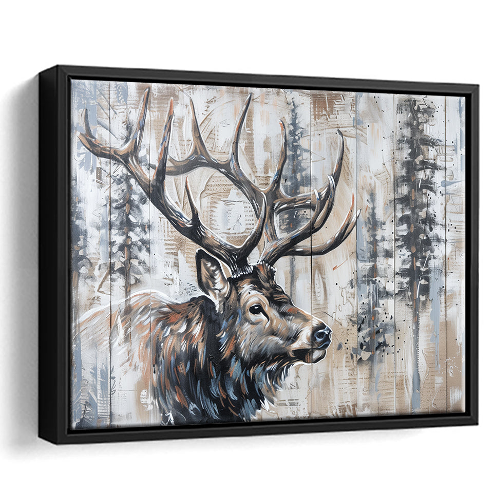 Elk With Antler Painted On Wood Rustic Cabin Painting, Framed Canvas Print Wall Art Decor,Floating Frame