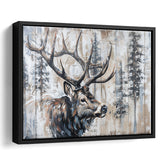 Elk With Antler Painted On Wood Rustic Cabin Painting, Framed Canvas Print Wall Art Decor,Floating Frame
