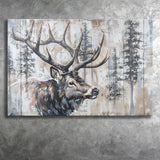 Elk With Antler Painted On Wood Rustic Cabin Painting, Canvas Print Wall Art Decor, Landscape Art Print