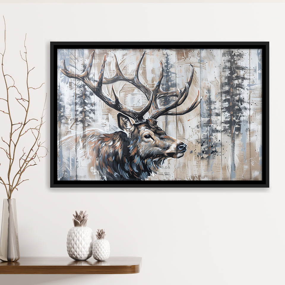 Elk With Antler Painted On Wood Rustic Cabin Painting, Framed Canvas Print Wall Art Decor,Floating Frame