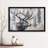 Elk With Antler Painted On Wood Rustic Cabin Painting, Framed Canvas Print Wall Art Decor,Floating Frame
