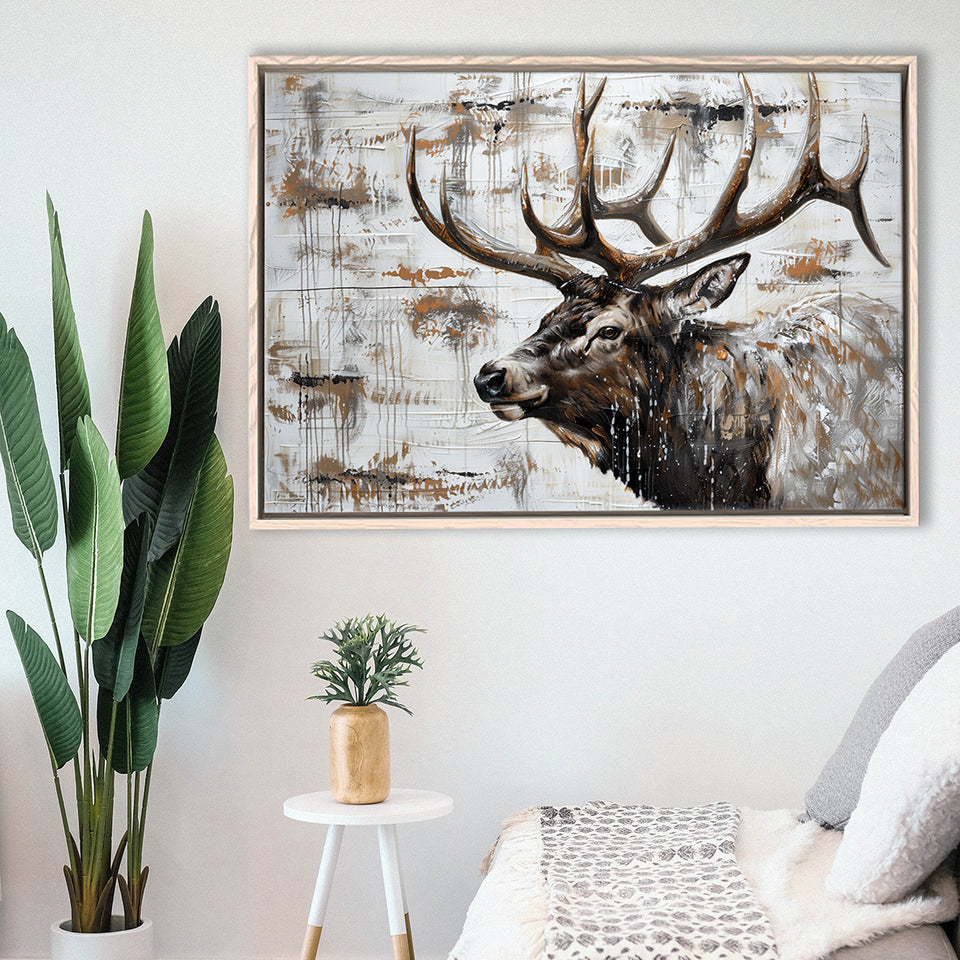 Elk With Antler Painted On Wood Rustic Cabin, Framed Canvas Print Wall Art Decor,Floating Frame